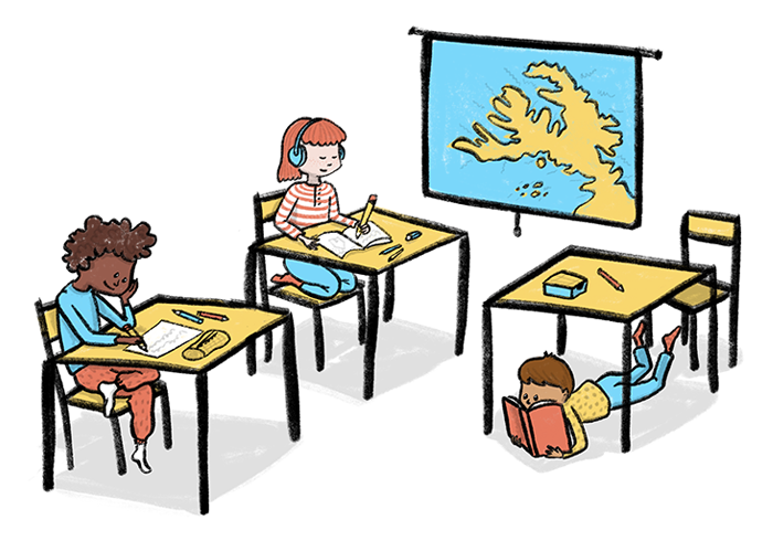 Illustration of children reading and writing at desks in a classroom. 